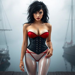A full body view of a 19-year-old woman with messy black hair, centrally positioned in the image