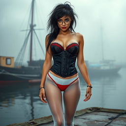 A full body view of a 19-year-old woman with messy black hair, centrally positioned in the image