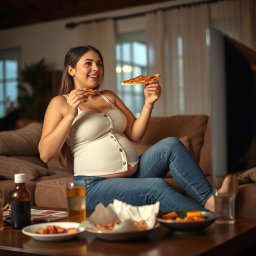 A sexy hourglass-shaped girl with a fleshy little round pot belly slightly pushing out of her buttoned jeans and a snug white button-down halter vest, comfortably lounging on a cozy couch