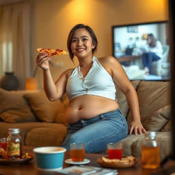 A sexy hourglass-shaped girl with a fleshy little round pot belly slightly pushing out of her buttoned jeans and a snug white button-down halter vest, comfortably lounging on a cozy couch
