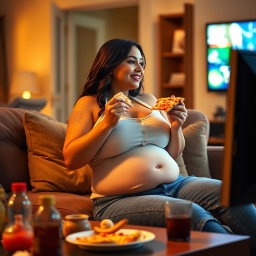 A sexy hourglass-shaped girl with a fleshy little round pot belly slightly pushing out of her buttoned jeans and a snug white button-down halter vest, comfortably lounging on a cozy couch