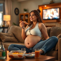 A sexy hourglass-shaped girl with a fleshy little round pot belly slightly pushing out of her buttoned jeans and a snug white button-down halter vest, comfortably lounging on a cozy couch