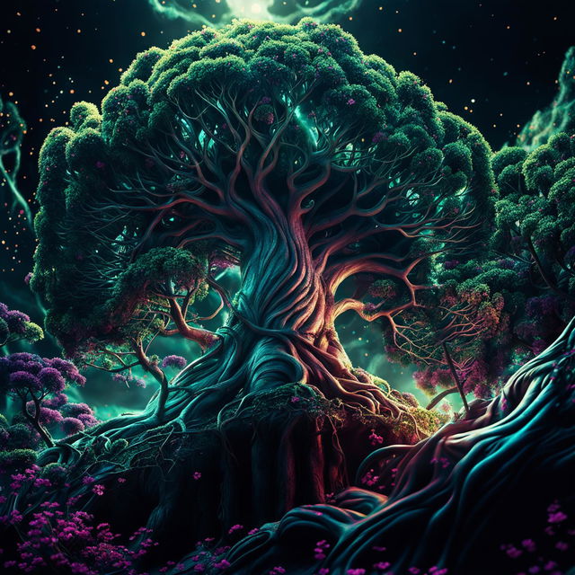 A hyper-realistic 3D cinema photography of a giant sacred alien tree emitting a mystical glow