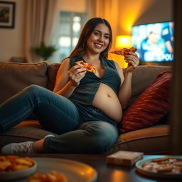 A sexy hourglass-shaped girl reclining on a cozy couch, enjoying a slice of pizza while engrossed in a TV show