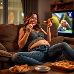 A sexy hourglass-shaped girl reclining on a cozy couch, enjoying a slice of pizza while engrossed in a TV show