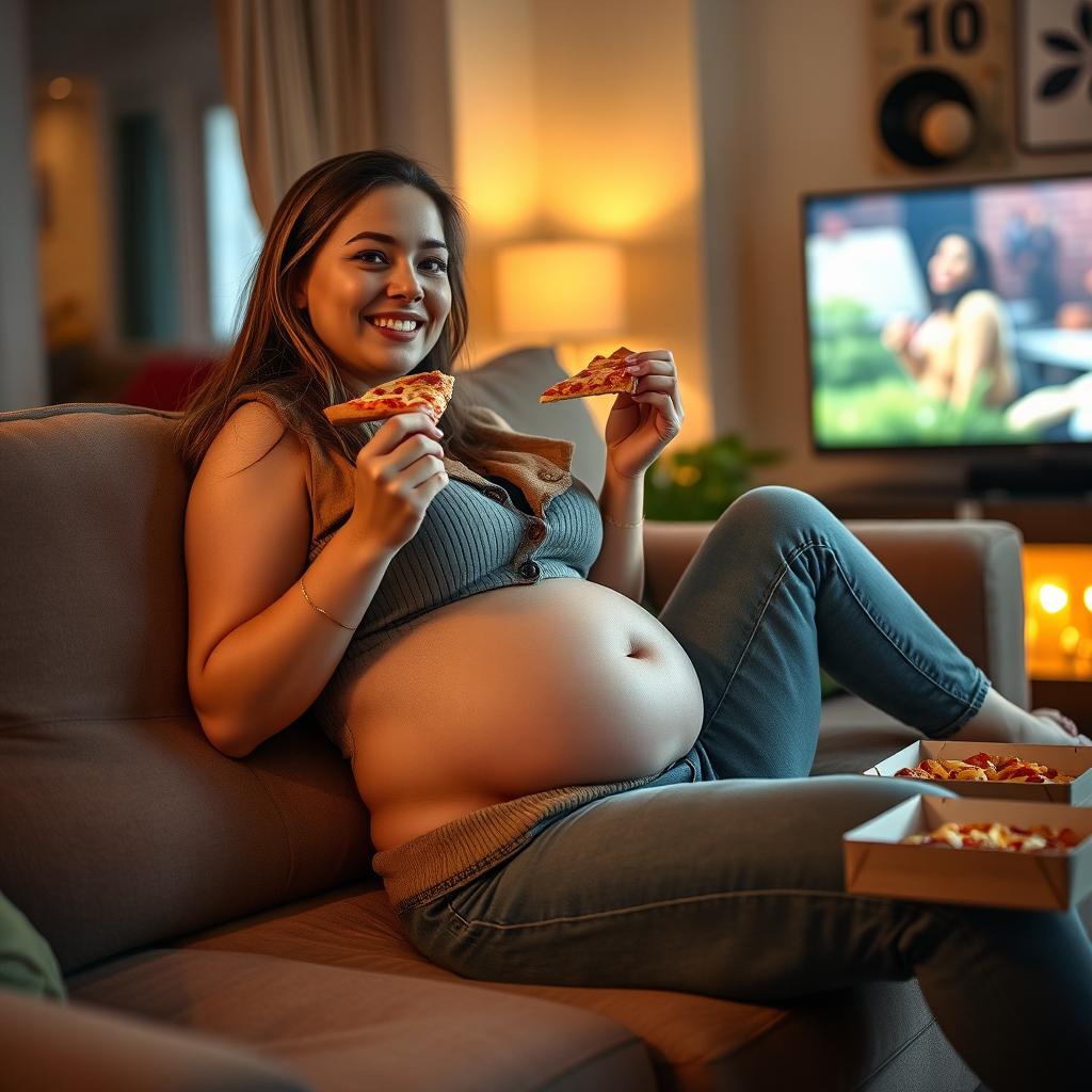 A sexy hourglass-shaped girl reclining on a cozy couch, enjoying a slice of pizza while engrossed in a TV show