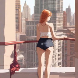 A high-resolution digital art piece showcasing a petite blonde woman in a tie-up crop top, shorts, and necklace standing on a balcony and looking down at a towering red-haired minigiantess in casual wear standing on the ground several floors below