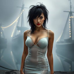 A full body view of a 19-year-old woman with messy black hair, centrally positioned in the image