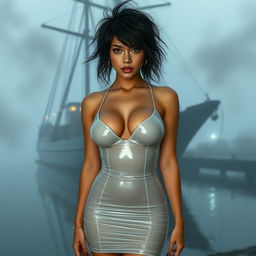 A full body view of a 19-year-old woman with messy black hair, centrally positioned in the image