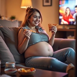 A sexy hourglass-shaped girl lounging on a cozy couch, enjoying a slice of pizza while captivated by a TV show