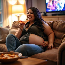 A sexy hourglass-shaped girl lounging on a cozy couch, enjoying a slice of pizza while captivated by a TV show