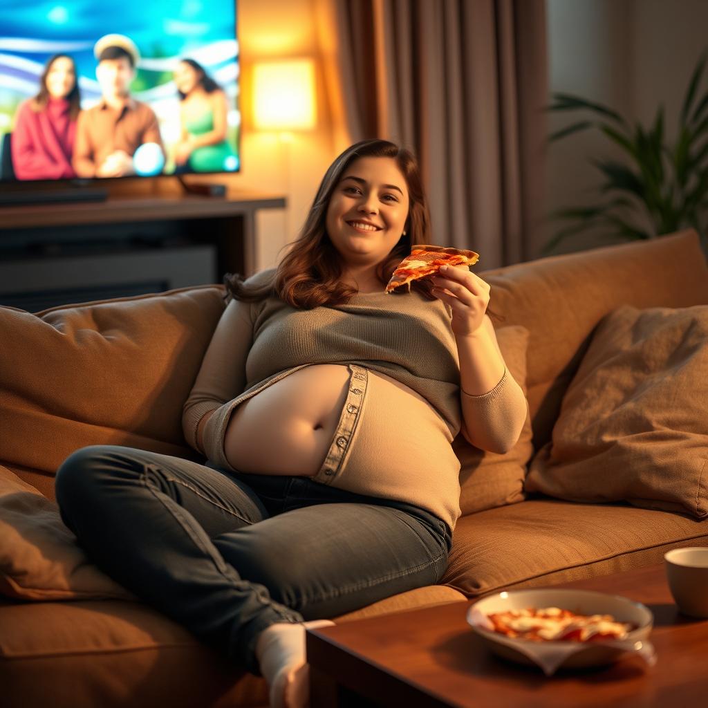 A sexy hourglass-shaped girl lounging on a cozy couch, enjoying a slice of pizza while captivated by a TV show