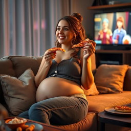 A sexy hourglass-shaped girl lounging on a cozy couch, enjoying a slice of pizza while captivated by a TV show