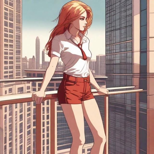 A high-resolution digital art piece showcasing a petite blonde woman in a tie-up crop top, shorts, and necklace standing on a balcony and looking down at a towering red-haired minigiantess in casual wear standing on the ground several floors below