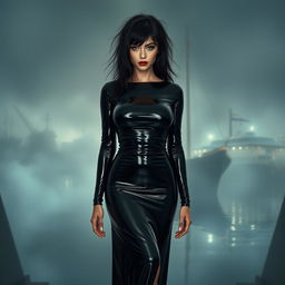 A full body view of a 19-year-old woman with messy black hair, centrally positioned in the image