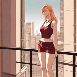 A high-resolution digital art piece showcasing a petite blonde woman in a tie-up crop top, shorts, and necklace standing on a balcony and looking down at a towering red-haired minigiantess in casual wear standing on the ground several floors below