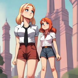 A high-resolution digital art piece showcasing a petite blonde halfling woman in a tie-up crop top, shorts, and necklace looking up at a towering red-haired minigiantess in casual wear standing next to her