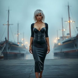 A full body view of a 19-year-old woman with messy white hair, centrally positioned in the image