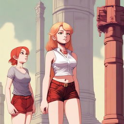 A high-resolution digital art piece showcasing a petite blonde halfling woman in a tie-up crop top, shorts, and necklace looking up at a towering red-haired minigiantess in casual wear standing next to her