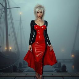 A full body view of a 19-year-old woman with messy white hair, centrally positioned in the image