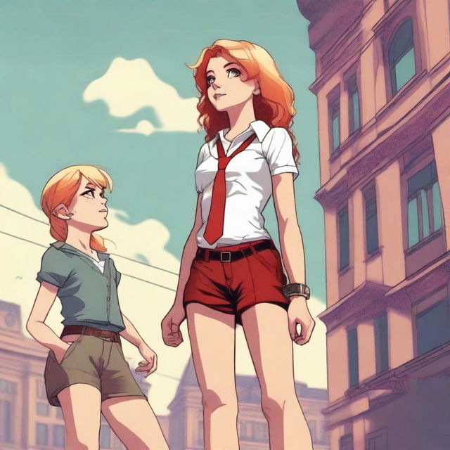 A high-resolution digital art piece showcasing a petite blonde halfling woman in a tie-up crop top, shorts, and necklace looking up at a towering red-haired minigiantess in casual wear standing next to her