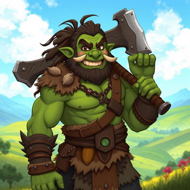 A cheerful half-orc barbarian with a muscular build, wearing simple but rugged clothing adorned with tribal patterns and fur