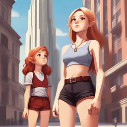 A high-resolution digital art piece showcasing a petite blonde halfling woman in a tie-up crop top, shorts, and necklace looking up at a towering red-haired minigiantess in casual wear standing next to her