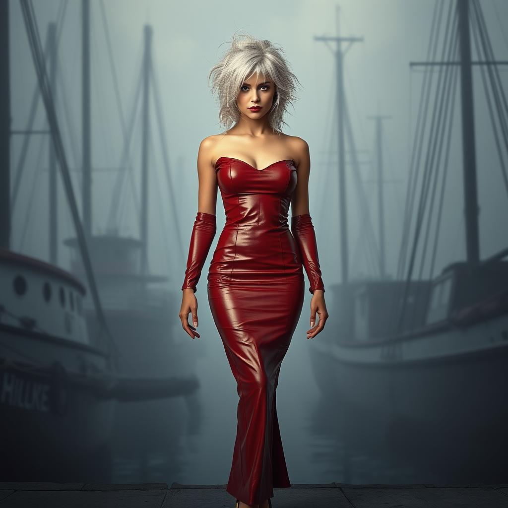 A full body view of a 19-year-old woman with messy white hair, centrally positioned in the image