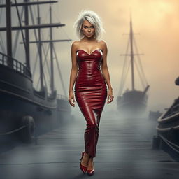 A full body view of a 19-year-old woman with messy white hair, centrally positioned in the image