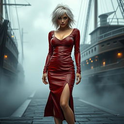 A full body view of a 19-year-old woman with messy white hair, centrally positioned in the image