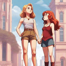 A high-resolution digital art piece showcasing a petite blonde halfling woman in a tie-up crop top, shorts, and necklace looking up at a towering red-haired giantess in casual wear standing next to her