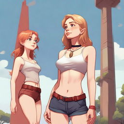 A high-resolution digital art piece showcasing a petite blonde halfling woman in a tie-up crop top, shorts, and necklace looking up at a towering red-haired giantess in casual wear standing next to her