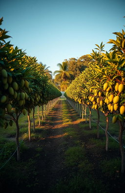 A beautiful backyard scene with 96 mango trees lined up in perfect order