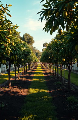 A beautiful backyard scene with 96 mango trees lined up in perfect order