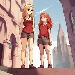 A high-resolution digital art piece showcasing a petite blonde halfling woman in a tie-up crop top, shorts, and necklace looking up at a towering red-haired giantess in casual wear standing next to her