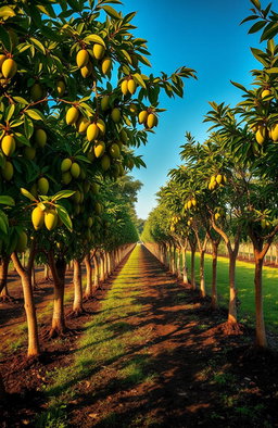A beautiful backyard scene with 96 mango trees lined up in perfect order