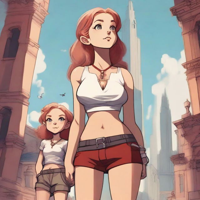 A high-resolution digital art piece showcasing a petite blonde halfling woman in a tie-up crop top, shorts, and necklace looking up at a towering red-haired giantess in casual wear standing next to her