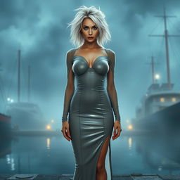 A full body view of a 19-year-old woman with messy white hair, centrally positioned in the image