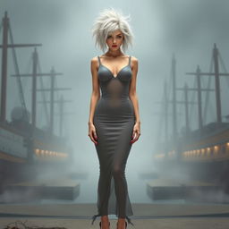 A full body view of a 19-year-old woman with messy white hair, centrally positioned in the image