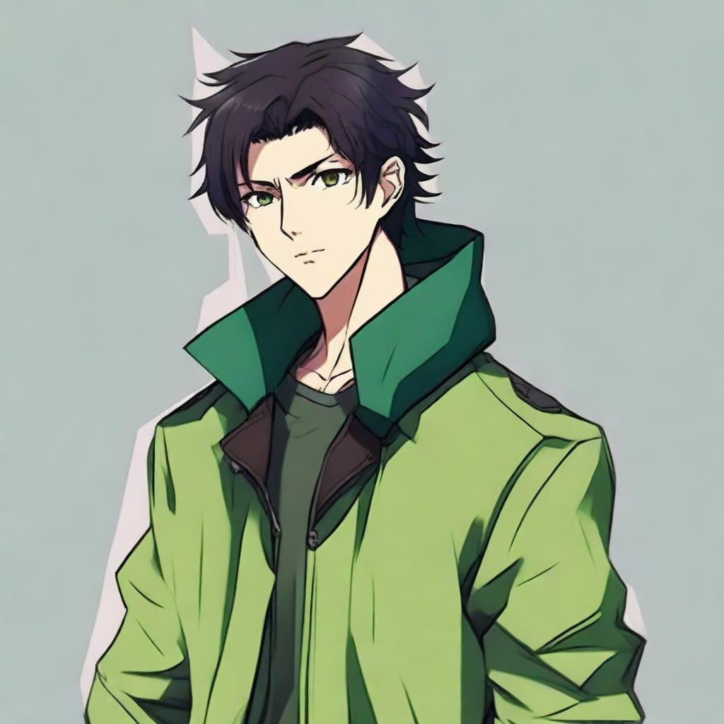 Anime style male character with black hair and brown eyes, dressed in a striking green jacket.