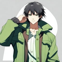 Anime style male character with black hair and brown eyes, dressed in a striking green jacket.