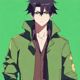 Anime style male character with black hair and brown eyes, dressed in a striking green jacket.