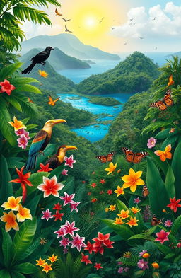 A vibrant depiction of Philippine biodiversity showcasing a lush tropical rainforest teeming with diverse flora and fauna