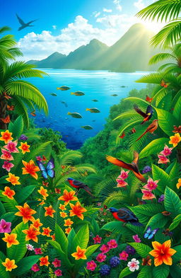 A vibrant depiction of Philippine biodiversity showcasing a lush tropical rainforest teeming with diverse flora and fauna