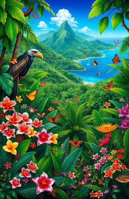 A vibrant depiction of Philippine biodiversity showcasing a lush tropical rainforest teeming with diverse flora and fauna