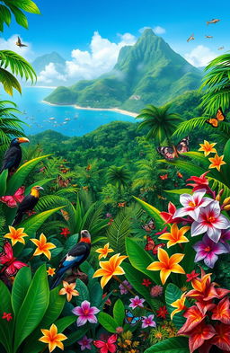 A vibrant depiction of Philippine biodiversity showcasing a lush tropical rainforest teeming with diverse flora and fauna
