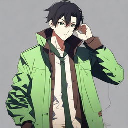 Anime style male character with black hair and brown eyes, dressed in a striking green jacket.