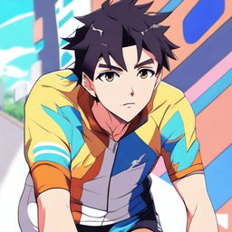 Anime style male character with black hair and brown eyes, donned in a vibrant cycling jersey.