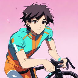 Anime style male character with black hair and brown eyes, donned in a vibrant cycling jersey.