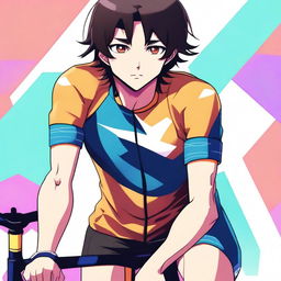 Anime style male character with black hair and brown eyes, donned in a vibrant cycling jersey.